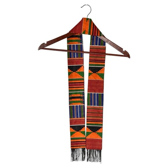Kente African Stole Cloth Fabric Bright Colorful w/ Fringes 51 Inches Long - Picture 2 of 4